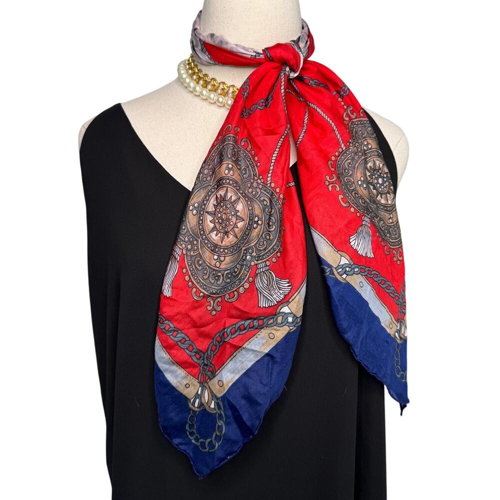 Golden Dragon brand 100% silk preppy nautical silk scarf red blue 32 x 33.5"